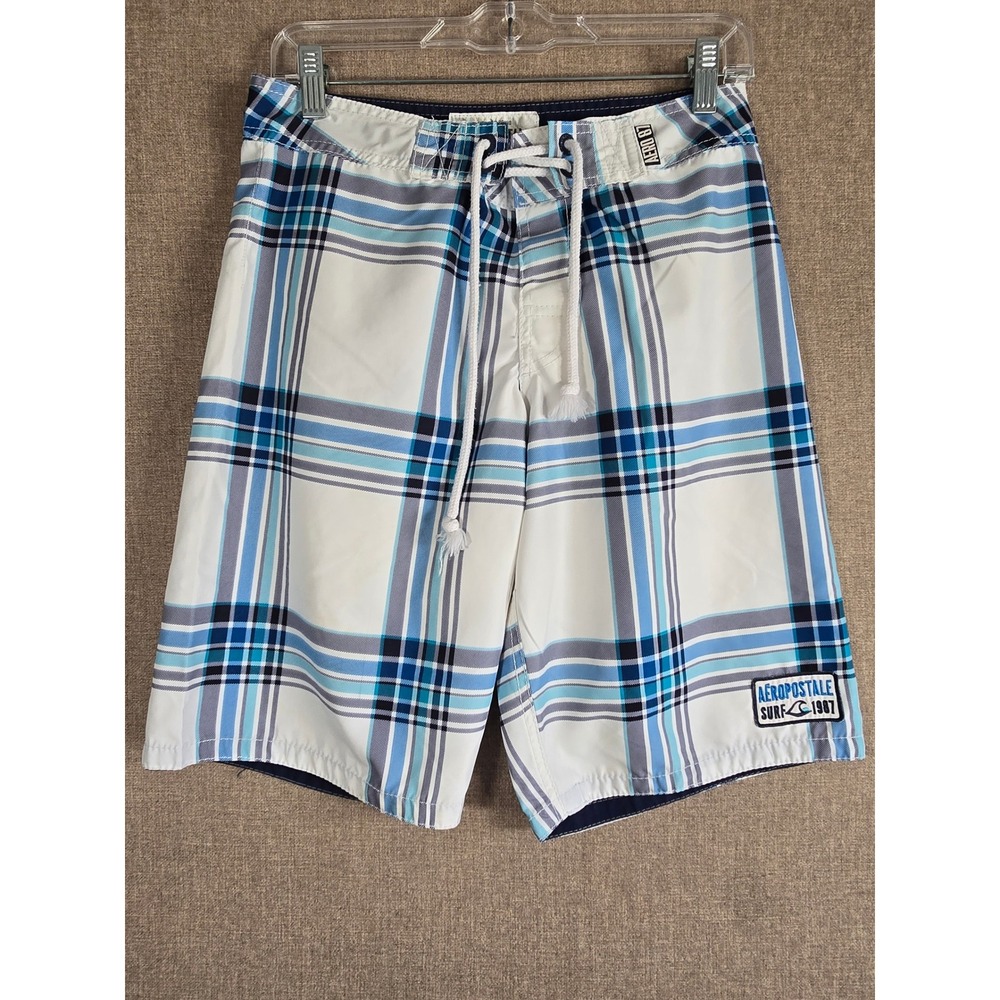Aeropostale Mens Blue White Plaid Board Shorts Swim Trunks Size 28 7184AH11